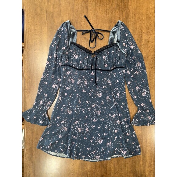 Free People Tess Mini Dress Boho Floral Lace Trim Velvet Tie Long Sleeve Blue L - Picture 10 of 12